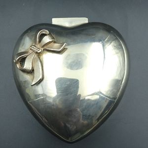 Silver Plated Heart Shaped Golden Bow Jewelry Trinket Box with Red Lining